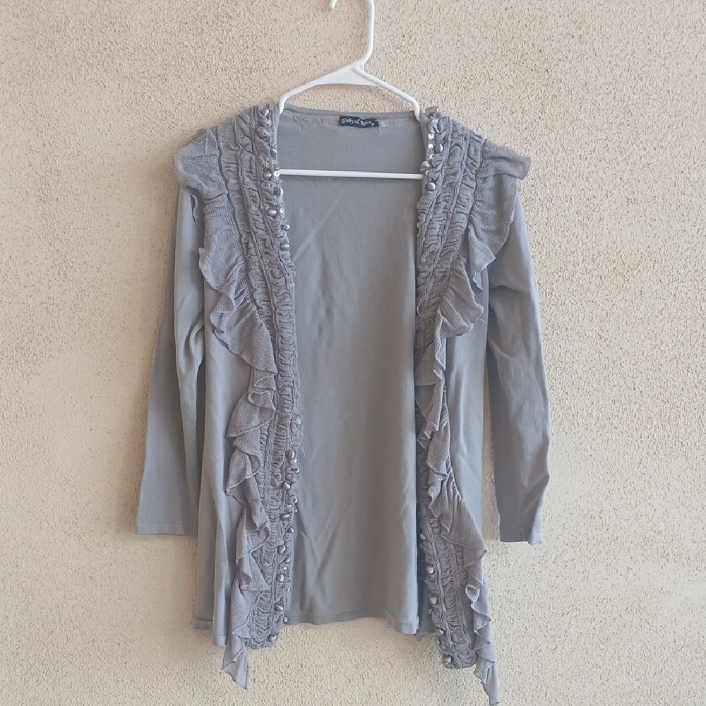 Gray Ruffled Open-Front Cardigan Sweater